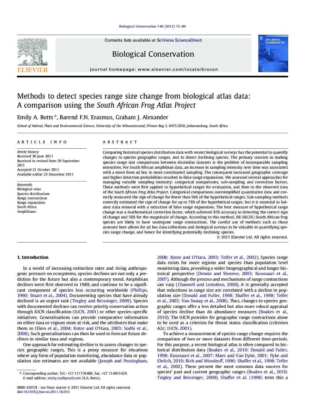 Methods to detect species range size change from biological atlas data: A comparison using the South African Frog Atlas Project