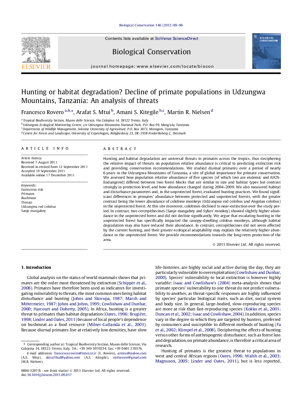 Hunting or habitat degradation? Decline of primate populations in Udzungwa Mountains, Tanzania: An analysis of threats