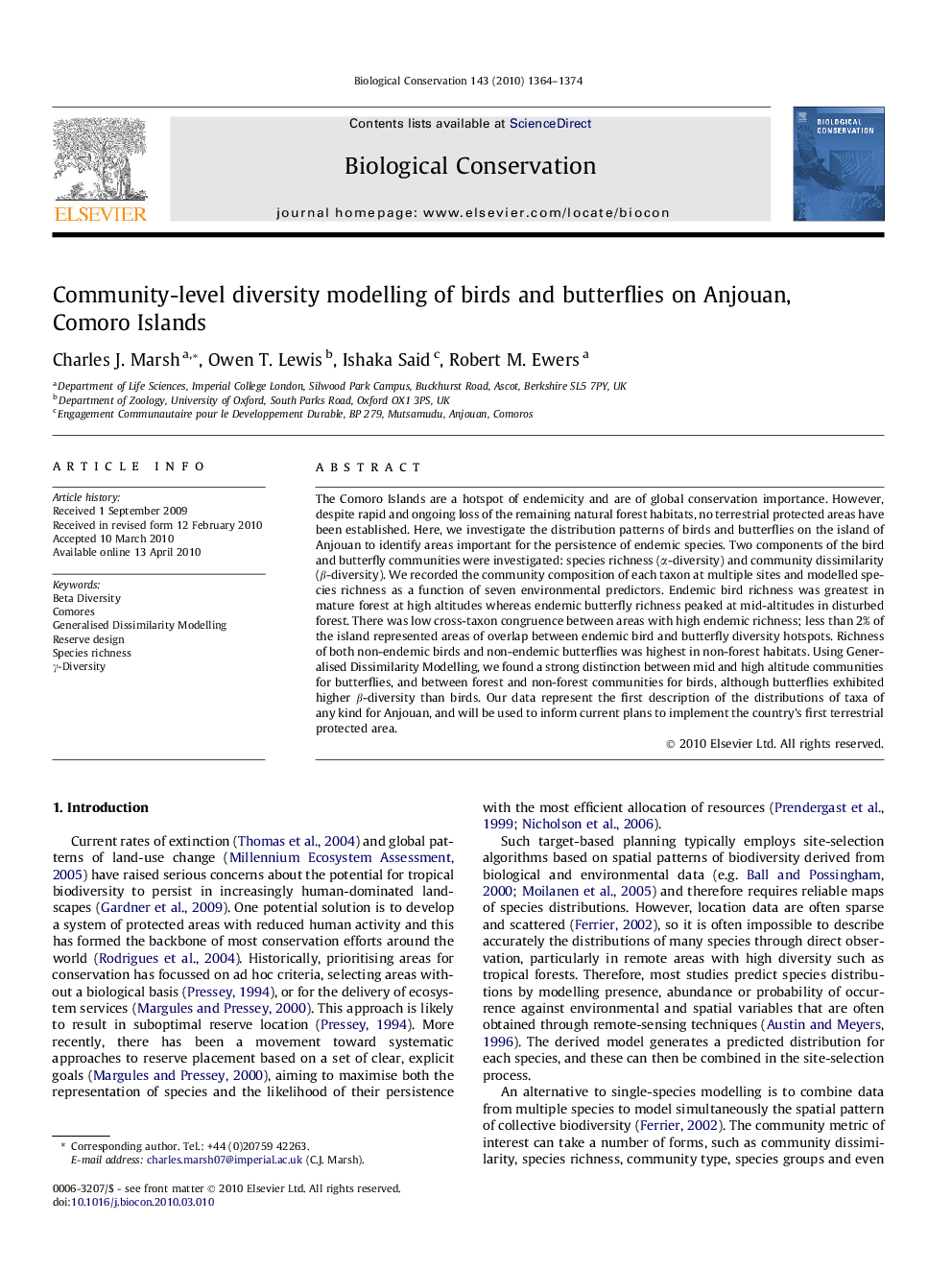 Community-level diversity modelling of birds and butterflies on Anjouan, Comoro Islands