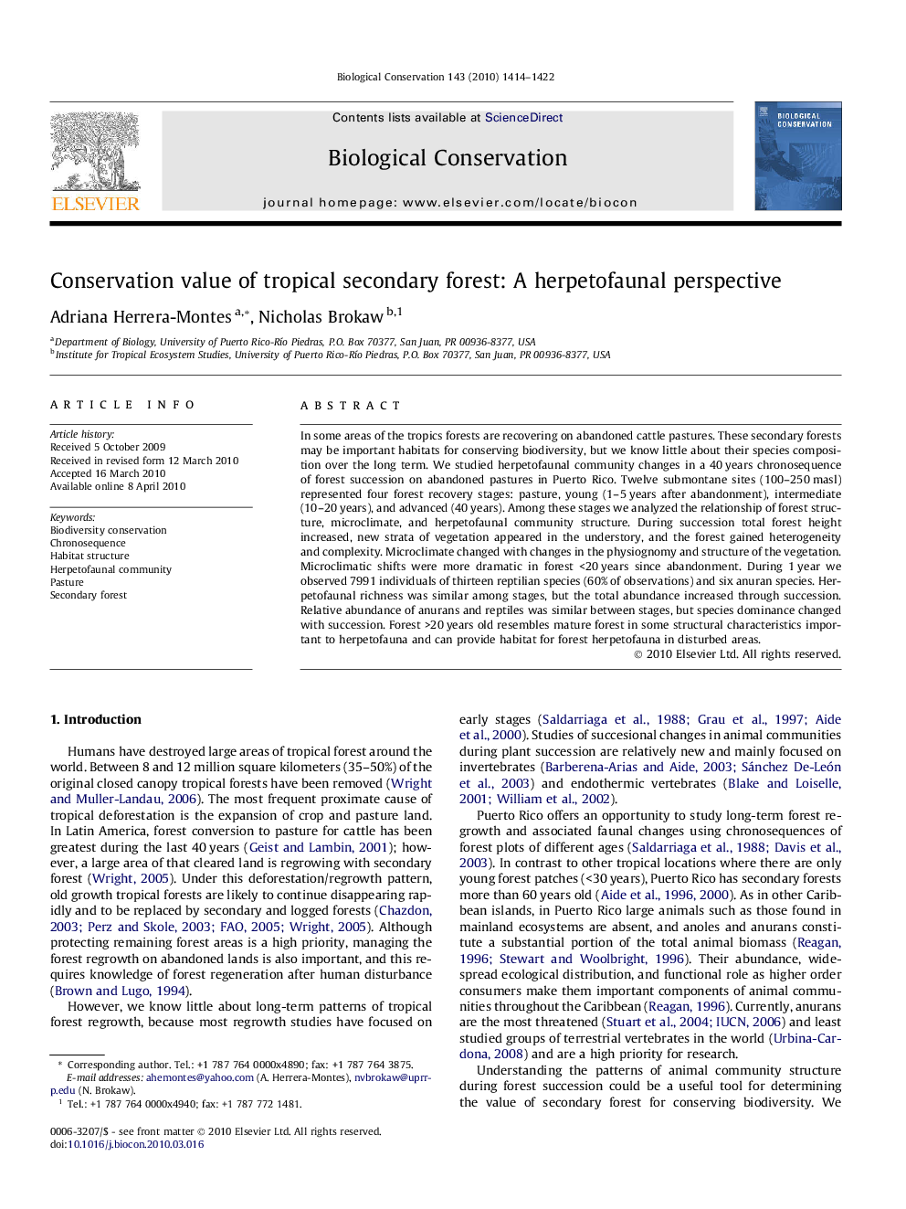 Conservation value of tropical secondary forest: A herpetofaunal perspective