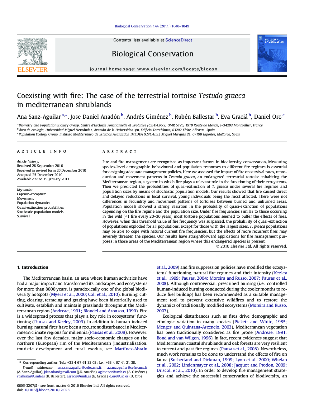 Coexisting with fire: The case of the terrestrial tortoise Testudo graeca in mediterranean shrublands