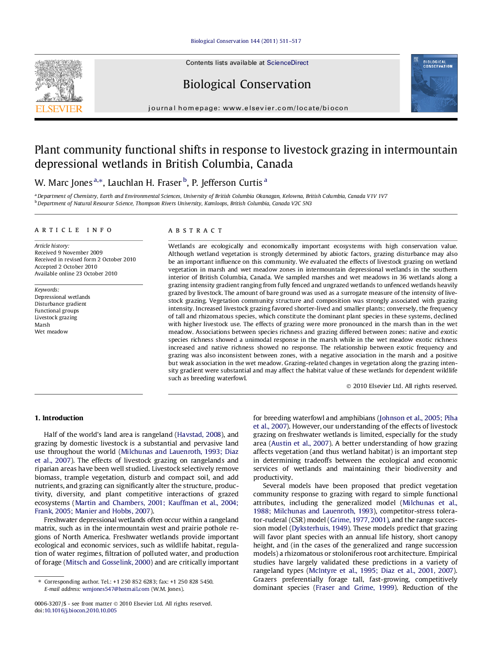 Plant community functional shifts in response to livestock grazing in intermountain depressional wetlands in British Columbia, Canada