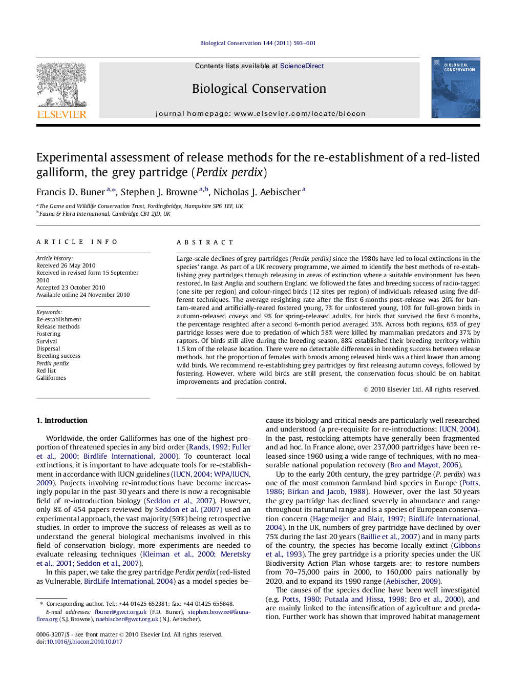 Experimental assessment of release methods for the re-establishment of a red-listed galliform, the grey partridge (Perdix perdix)