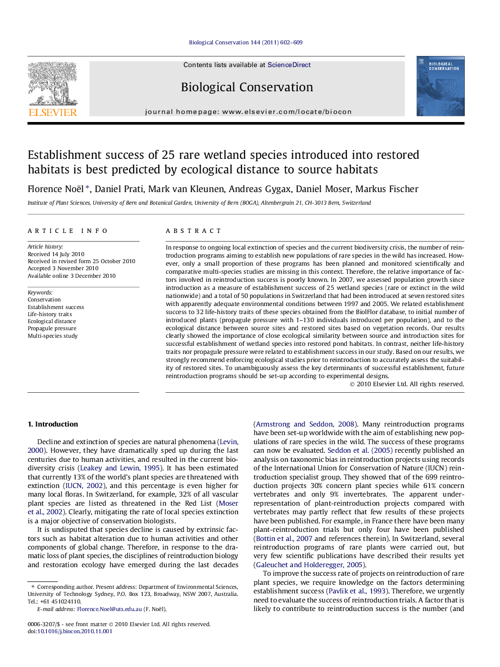 Establishment success of 25 rare wetland species introduced into restored habitats is best predicted by ecological distance to source habitats