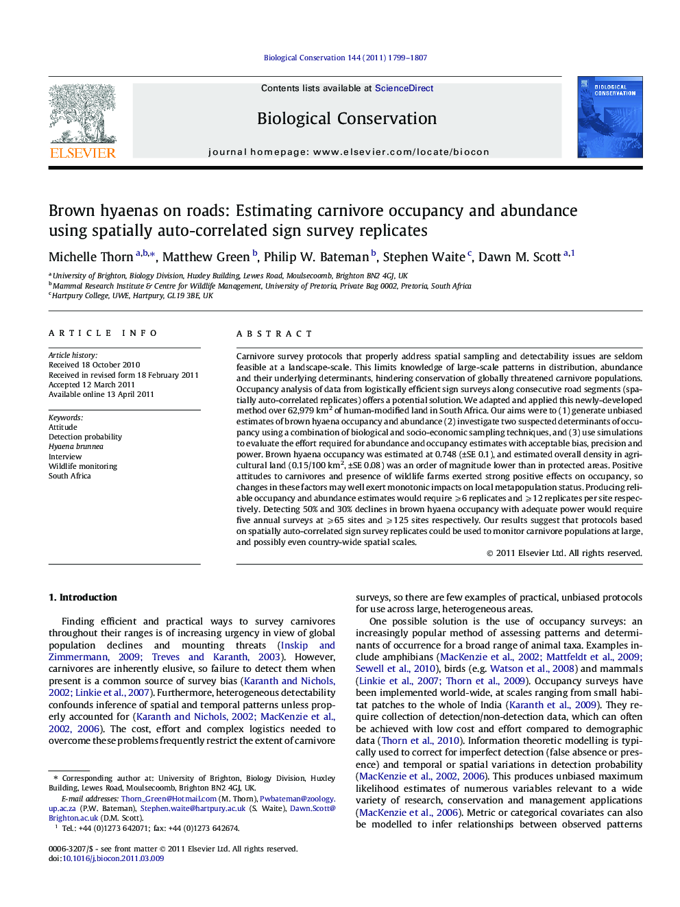 Brown hyaenas on roads: Estimating carnivore occupancy and abundance using spatially auto-correlated sign survey replicates