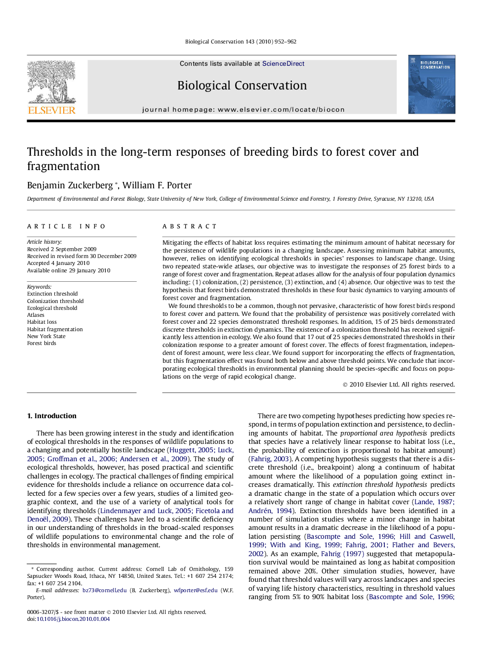 Thresholds in the long-term responses of breeding birds to forest cover and fragmentation