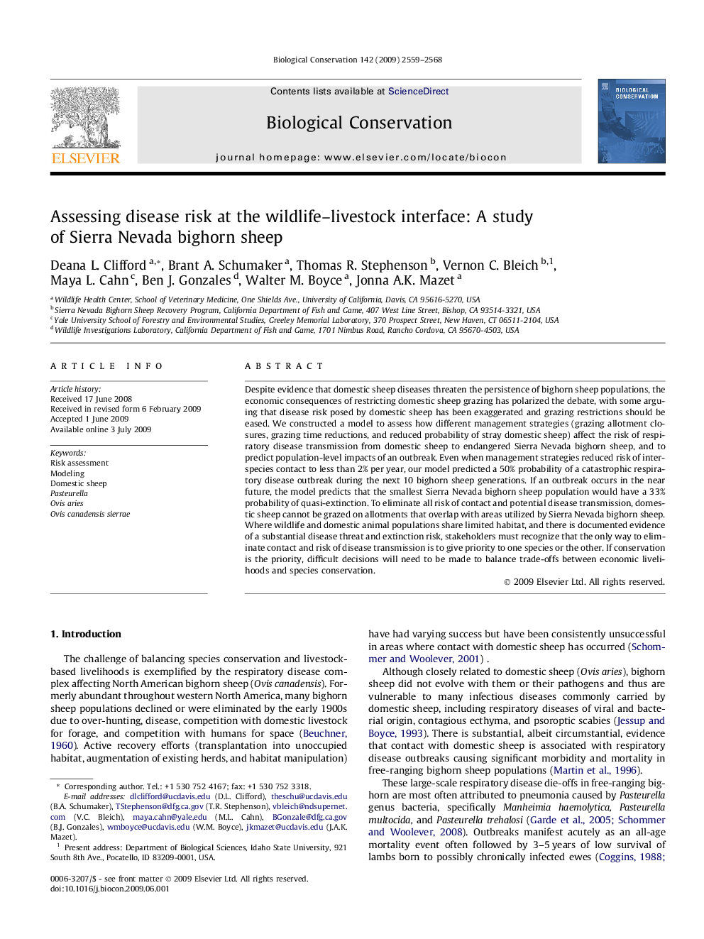 Assessing disease risk at the wildlife–livestock interface: A study of Sierra Nevada bighorn sheep