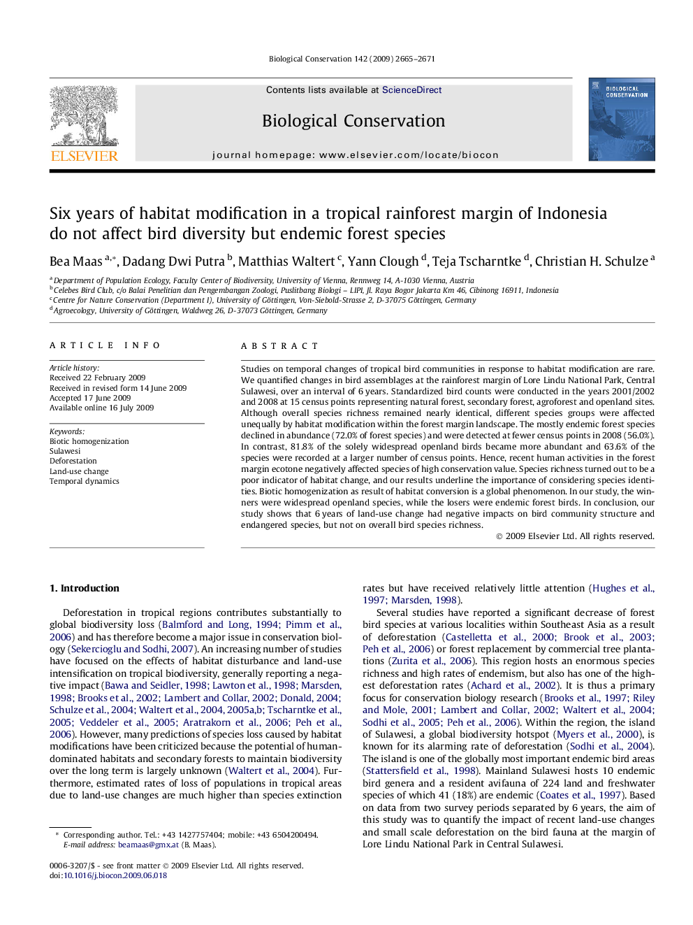 Six years of habitat modification in a tropical rainforest margin of Indonesia do not affect bird diversity but endemic forest species