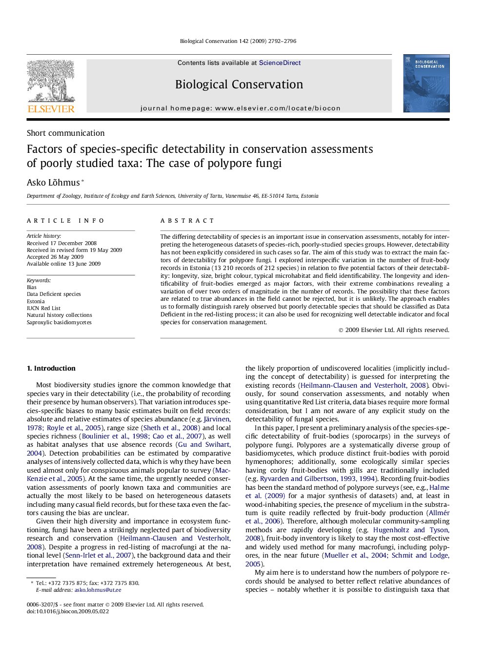 Factors of species-specific detectability in conservation assessments of poorly studied taxa: The case of polypore fungi