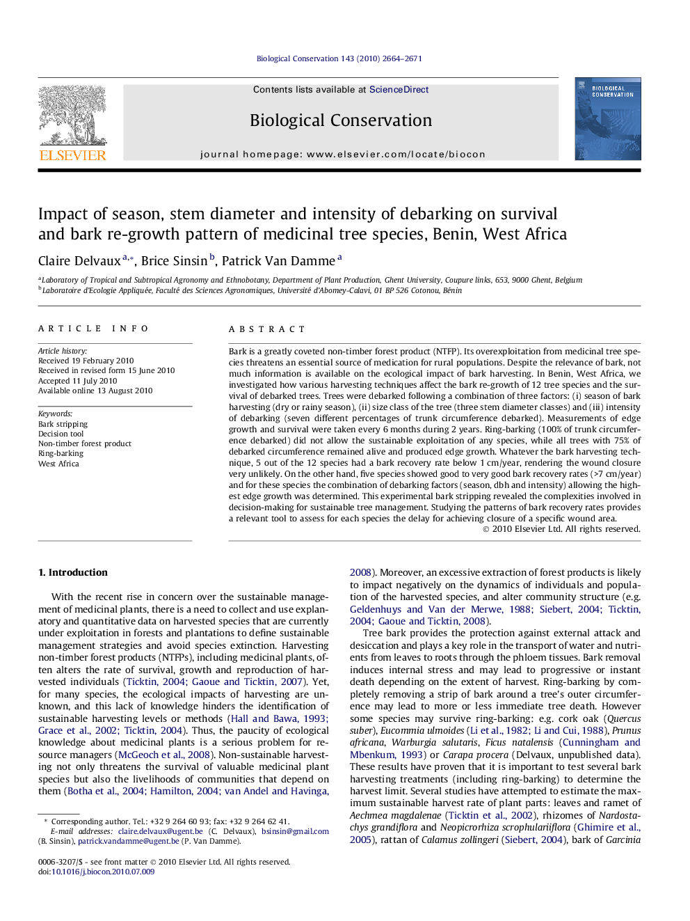 Impact of season, stem diameter and intensity of debarking on survival and bark re-growth pattern of medicinal tree species, Benin, West Africa