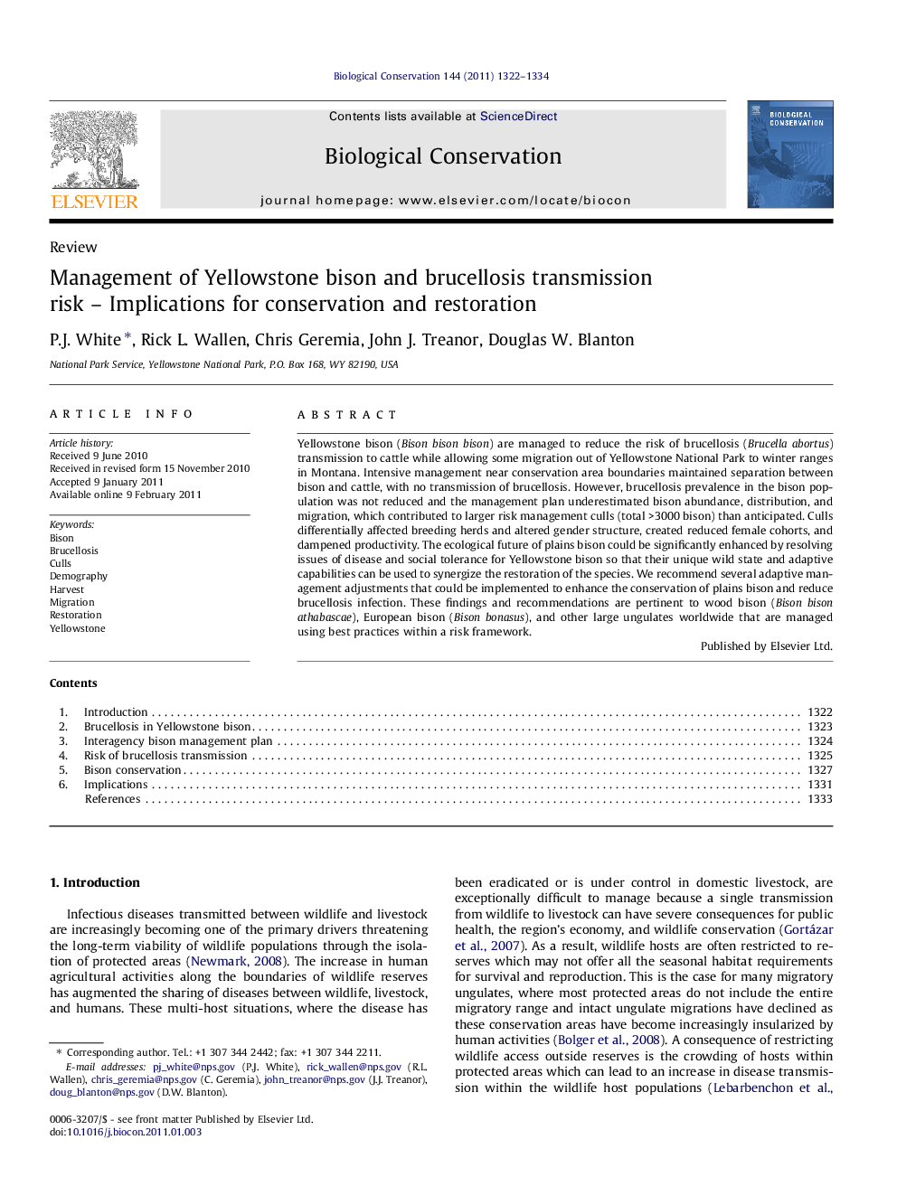 Management of Yellowstone bison and brucellosis transmission risk – Implications for conservation and restoration