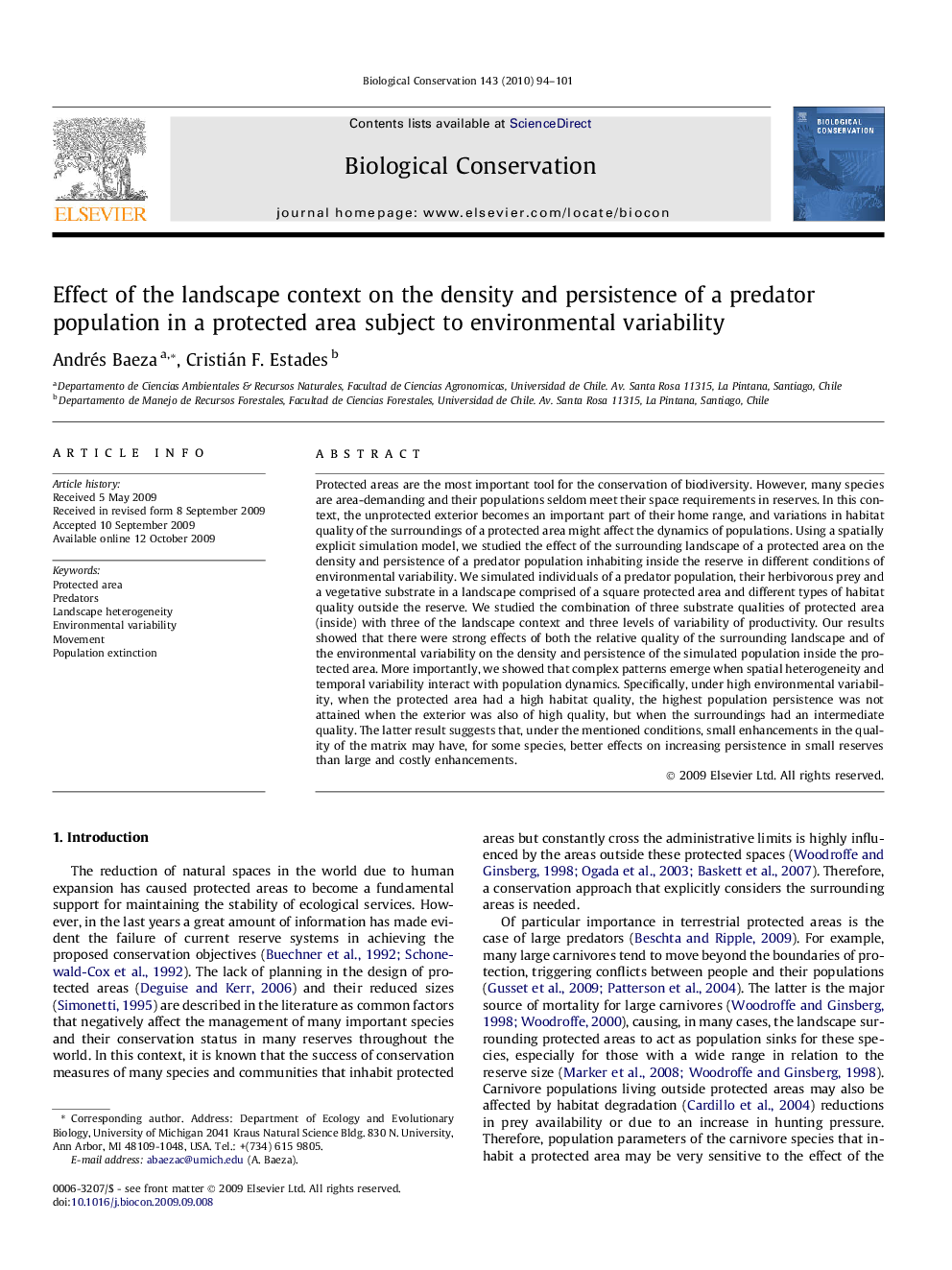 Effect of the landscape context on the density and persistence of a predator population in a protected area subject to environmental variability