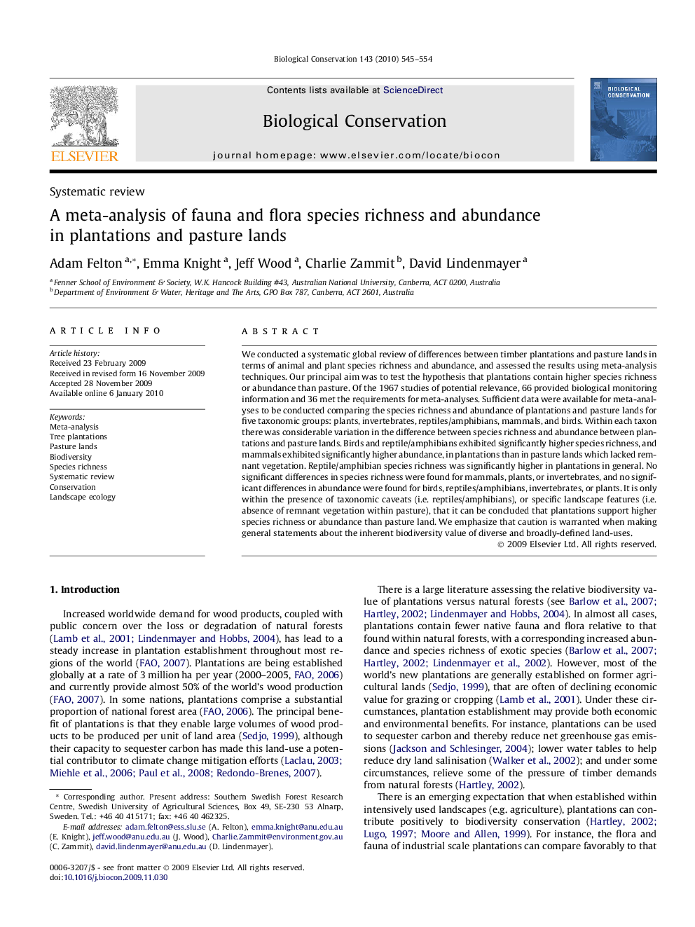 A meta-analysis of fauna and flora species richness and abundance in plantations and pasture lands