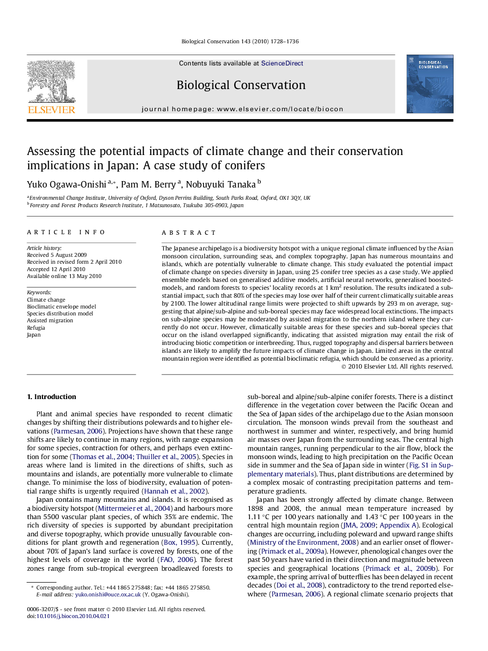 Assessing the potential impacts of climate change and their conservation implications in Japan: A case study of conifers