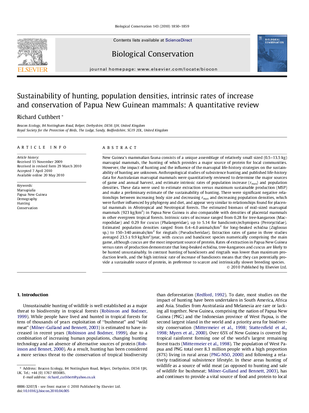 Sustainability of hunting, population densities, intrinsic rates of increase and conservation of Papua New Guinean mammals: A quantitative review