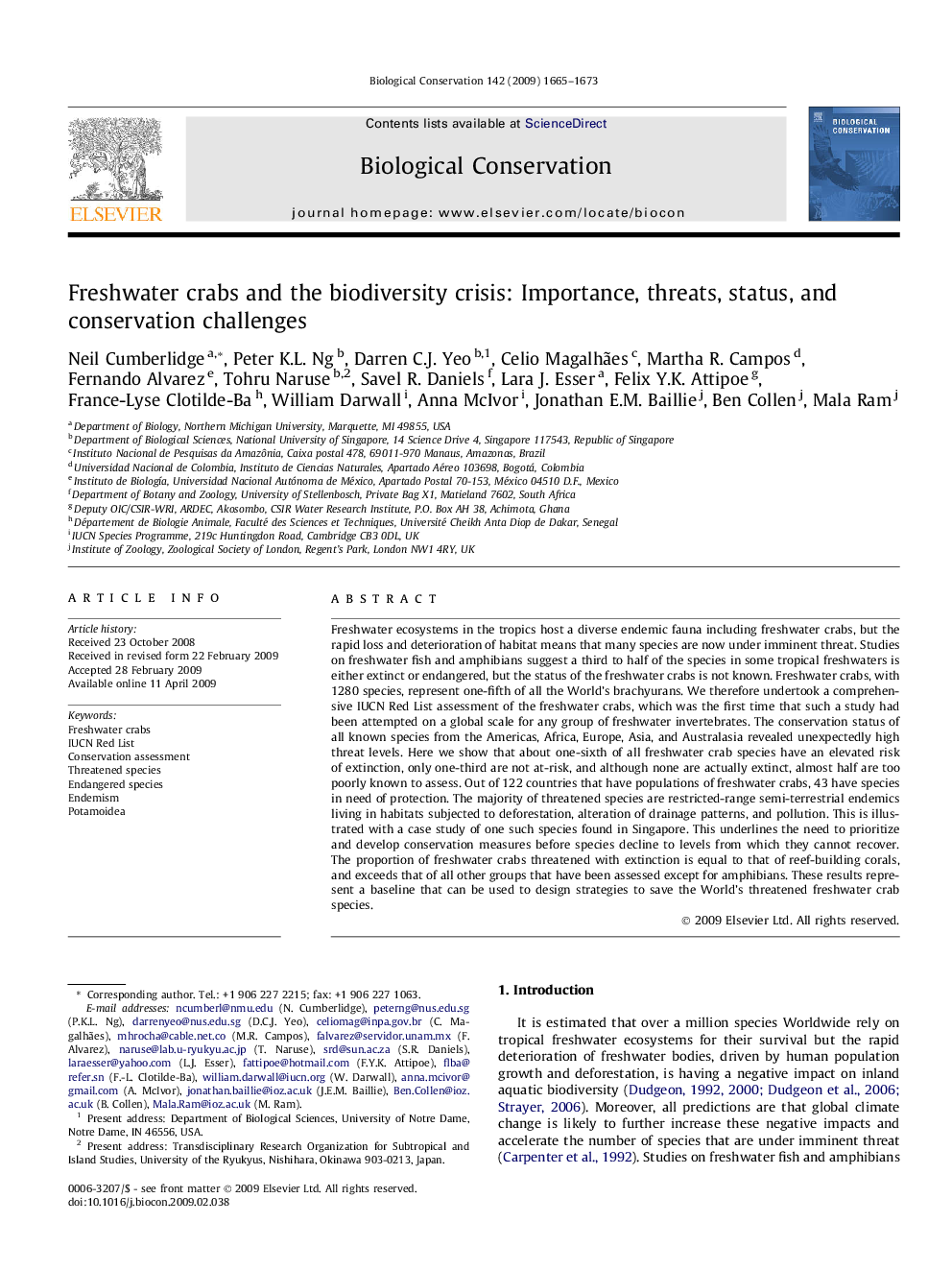 Freshwater crabs and the biodiversity crisis: Importance, threats, status, and conservation challenges