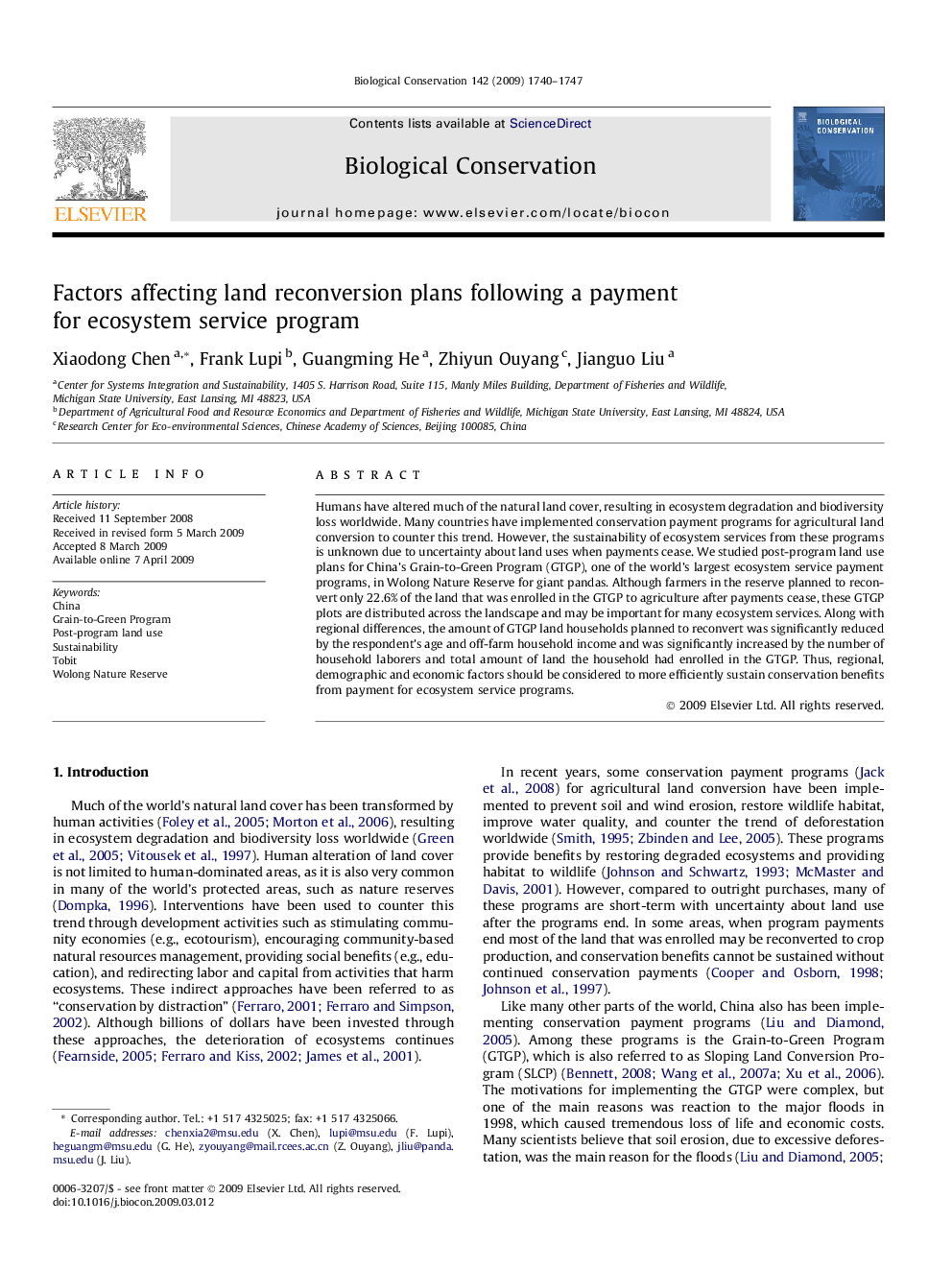 Factors affecting land reconversion plans following a payment for ecosystem service program