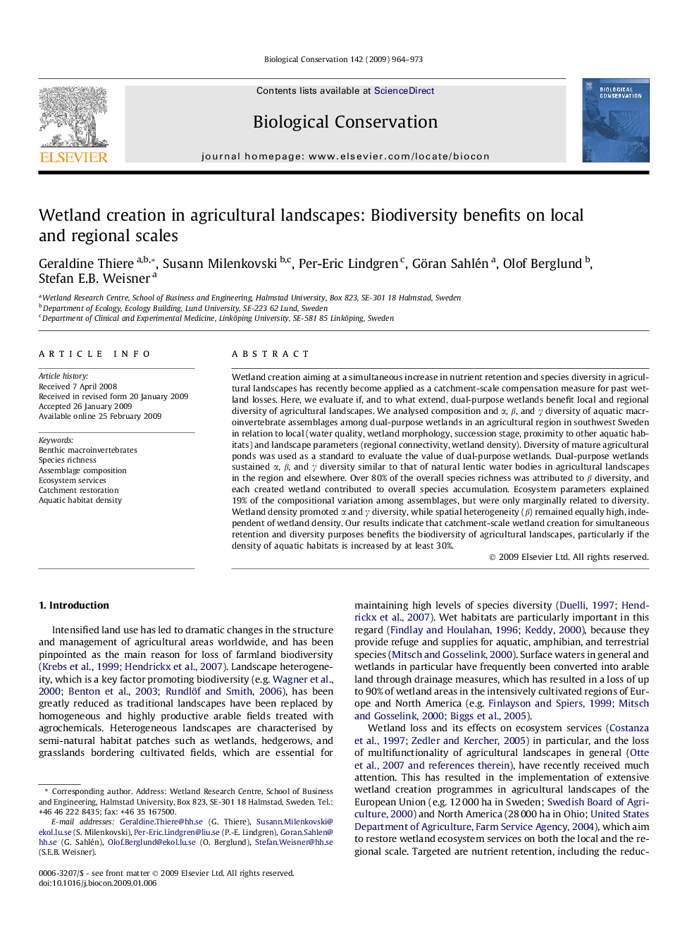 Wetland creation in agricultural landscapes: Biodiversity benefits on local and regional scales