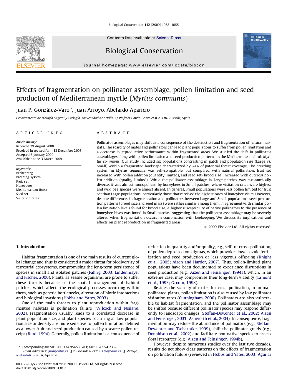 Effects of fragmentation on pollinator assemblage, pollen limitation and seed production of Mediterranean myrtle (Myrtus communis)