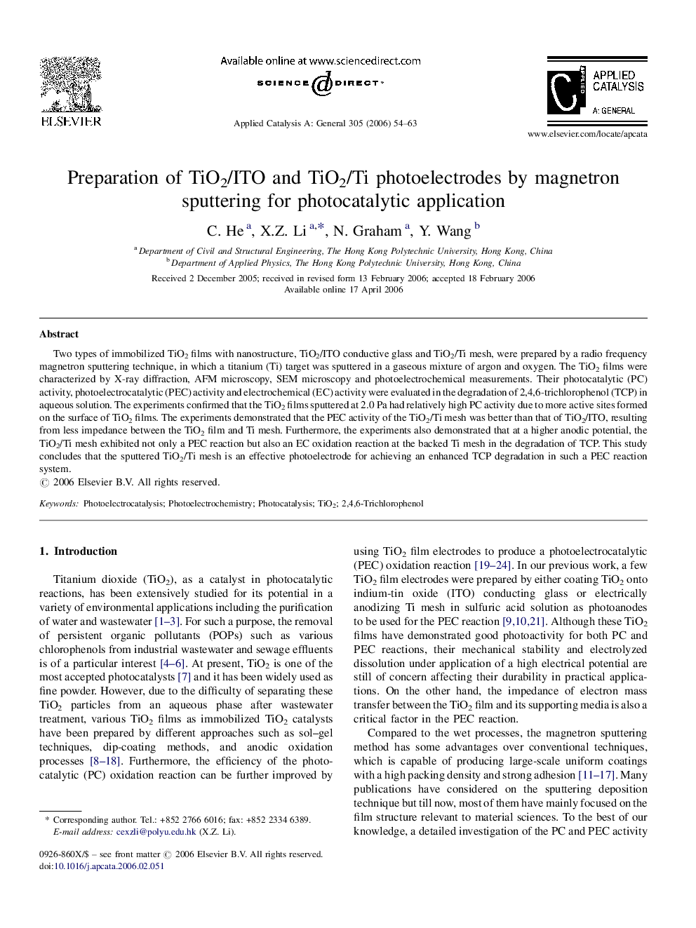 Preparation of TiO2/ITO and TiO2/Ti photoelectrodes by magnetron sputtering for photocatalytic application