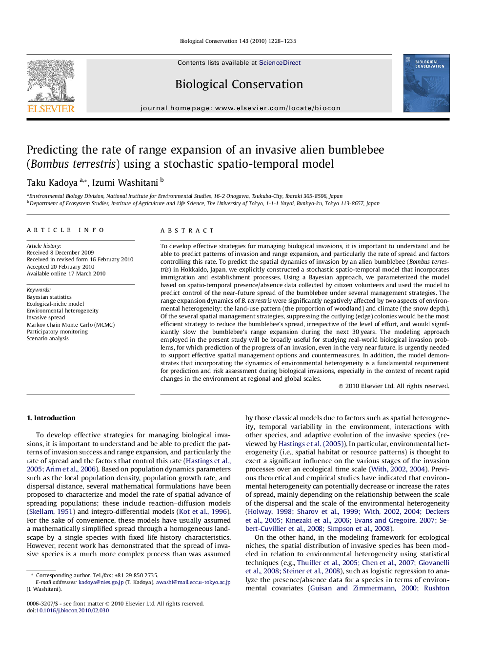 عکس صفحه اول مقاله: Predicting the rate of range expansion of an invasive alien bumblebee (Bombus terrestris) using a stochastic spatio-temporal model Predicting the rate of range expansion of an invasive alien bumblebee (Bombus terrestris) using a stochastic spatio-temporal model