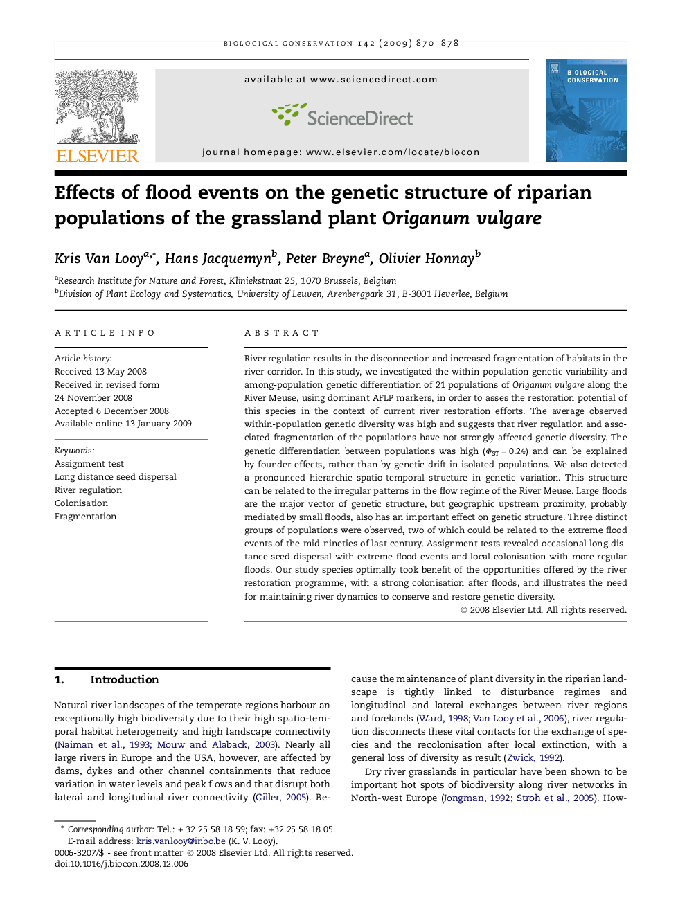 Effects of flood events on the genetic structure of riparian populations of the grassland plant Origanum vulgare