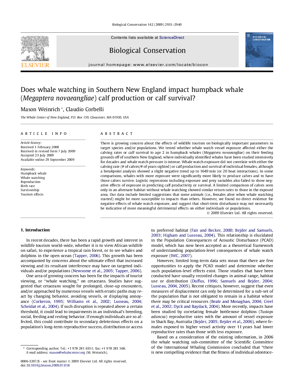 Does whale watching in Southern New England impact humpback whale (Megaptera novaeangliae) calf production or calf survival?