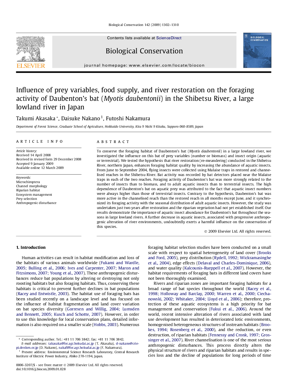 Influence of prey variables, food supply, and river restoration on the foraging activity of Daubenton’s bat (Myotis daubentonii) in the Shibetsu River, a large lowland river in Japan