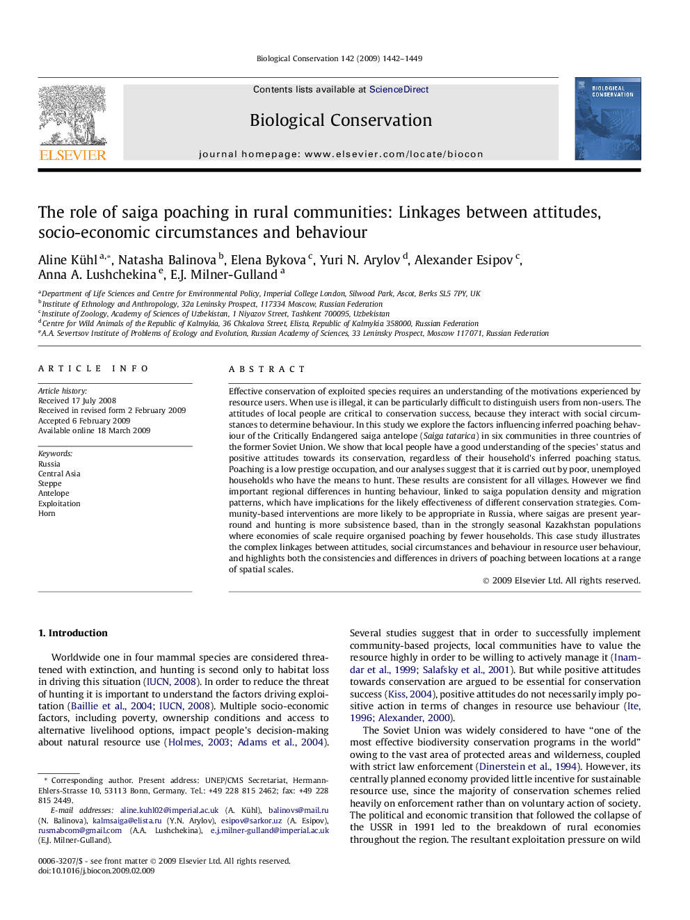 The role of saiga poaching in rural communities: Linkages between attitudes, socio-economic circumstances and behaviour