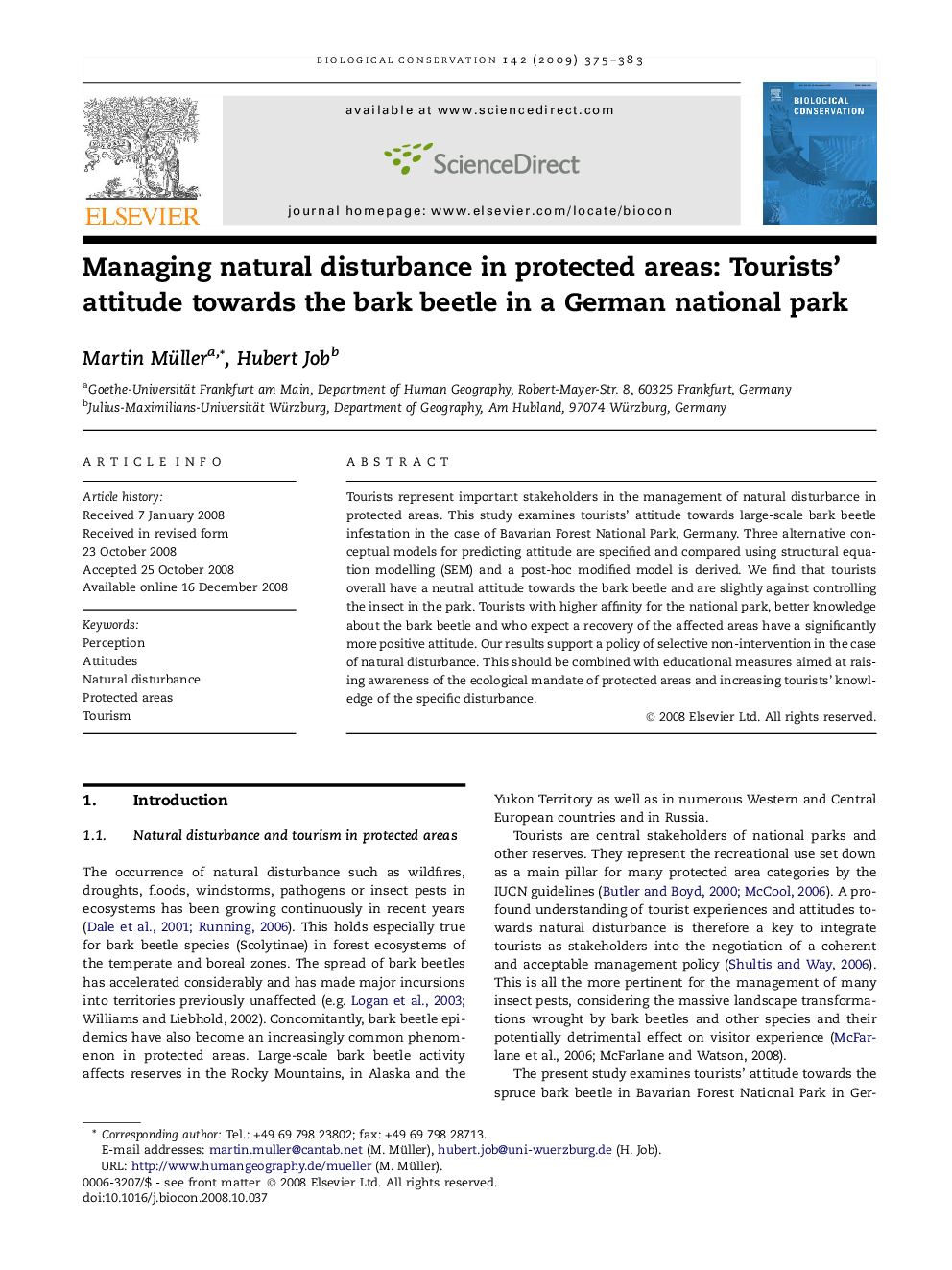 Managing natural disturbance in protected areas: Tourists' attitude towards the bark beetle in a German national park