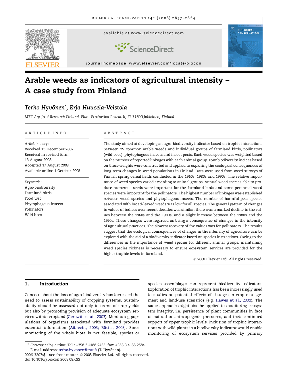 Arable weeds as indicators of agricultural intensity – A case study from Finland