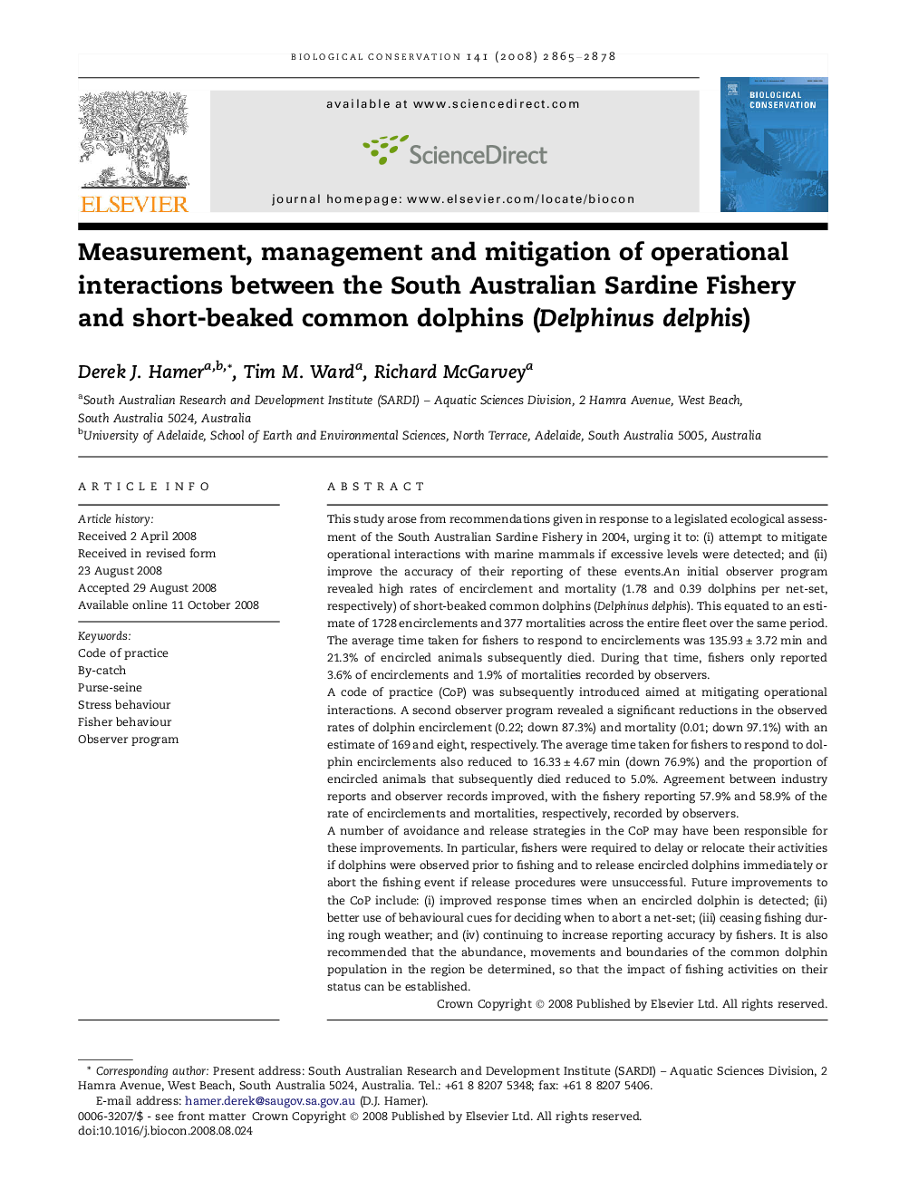 Measurement, management and mitigation of operational interactions between the South Australian Sardine Fishery and short-beaked common dolphins (Delphinus delphis)