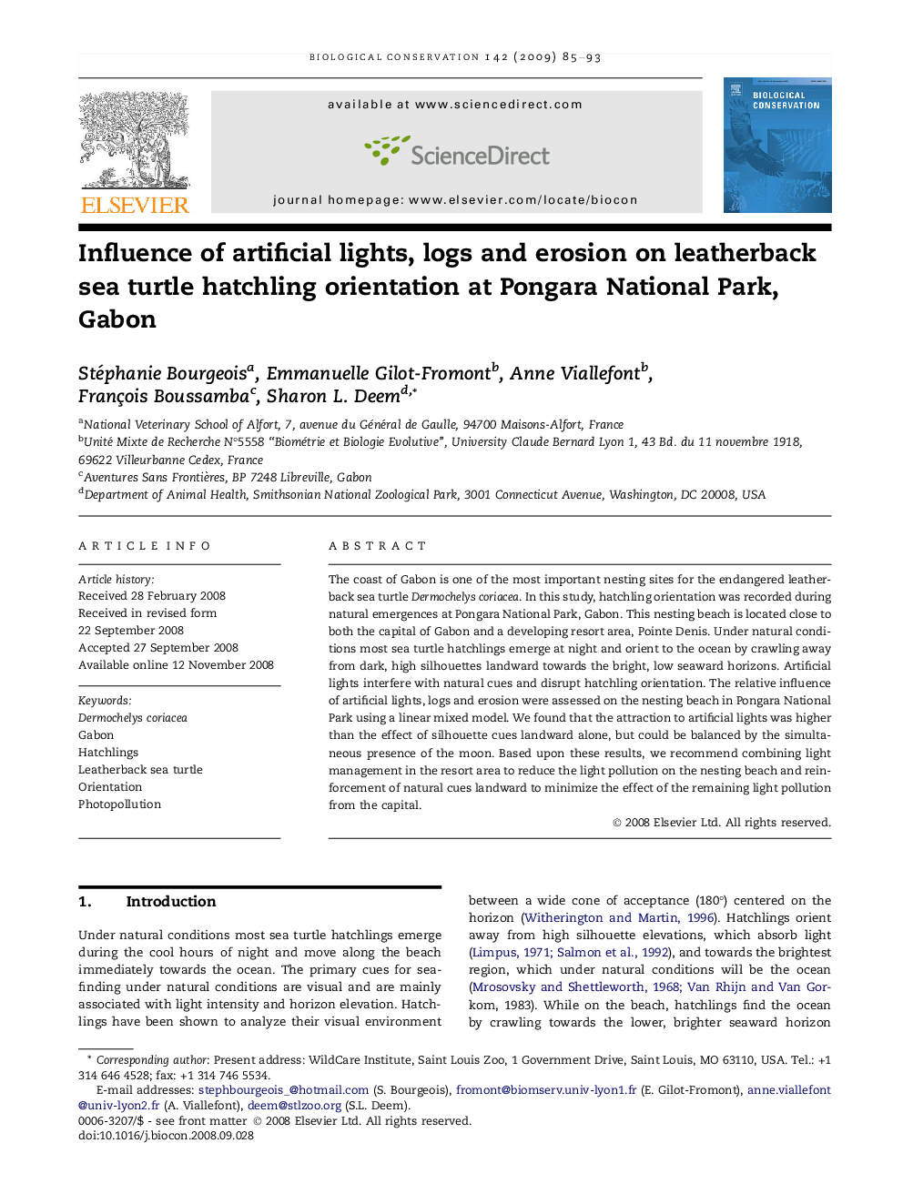 Influence of artificial lights, logs and erosion on leatherback sea turtle hatchling orientation at Pongara National Park, Gabon