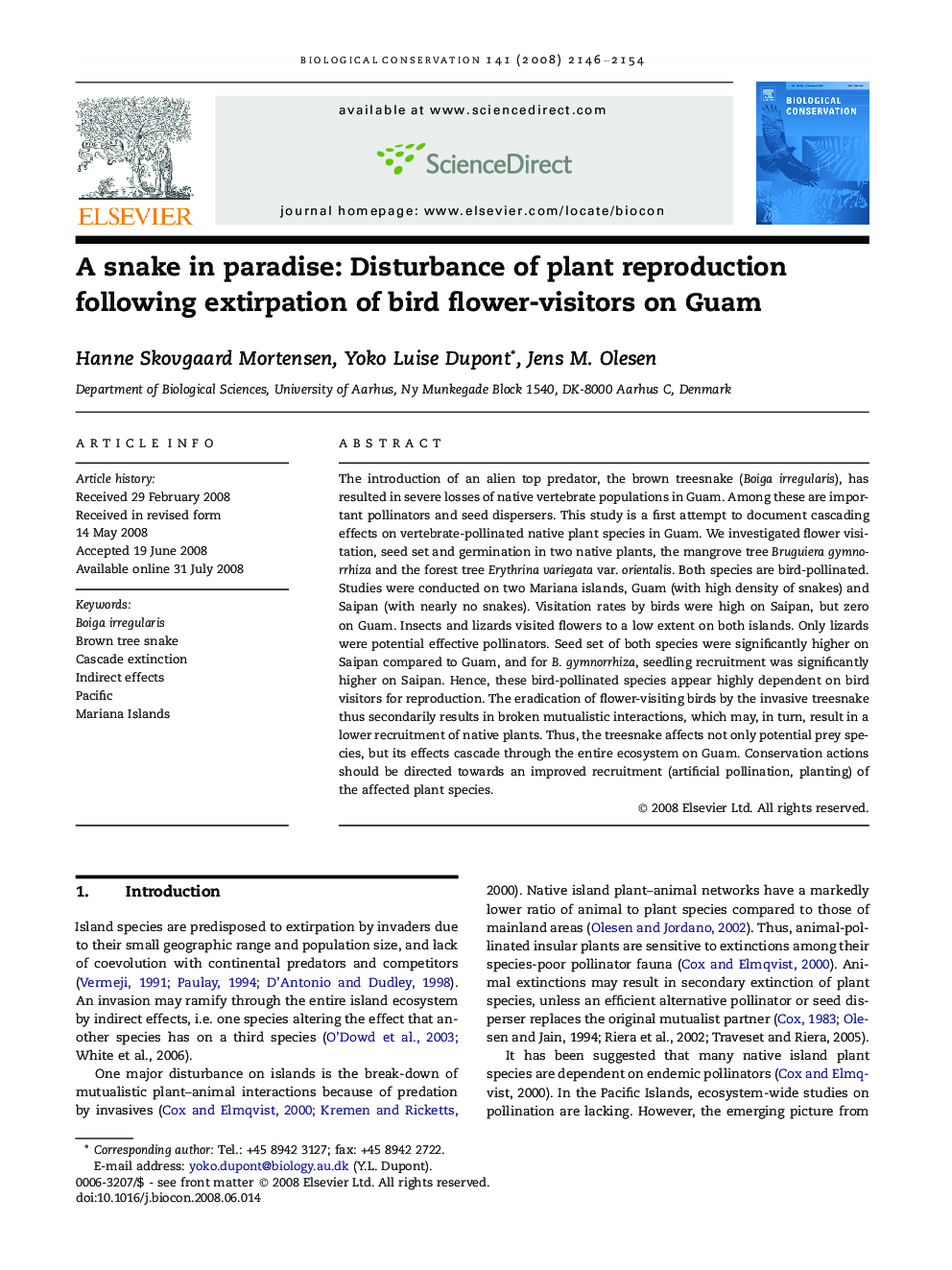 A snake in paradise: Disturbance of plant reproduction following extirpation of bird flower-visitors on Guam