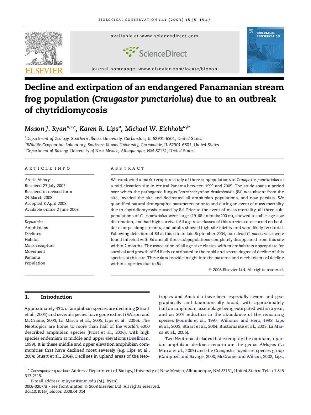 Decline and extirpation of an endangered Panamanian stream frog population (Craugastor punctariolus) due to an outbreak of chytridiomycosis