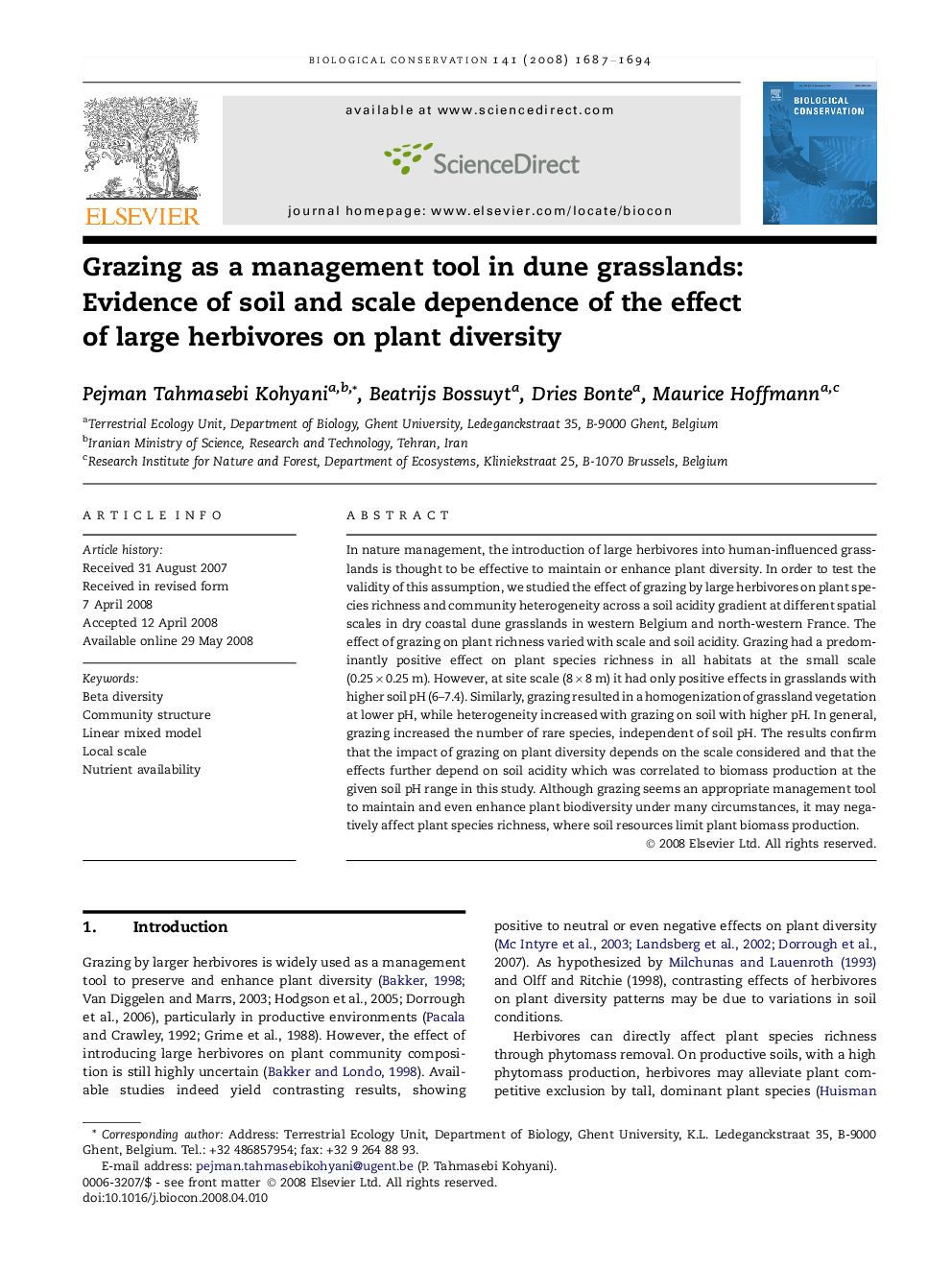 Grazing as a management tool in dune grasslands: Evidence of soil and scale dependence of the effect of large herbivores on plant diversity