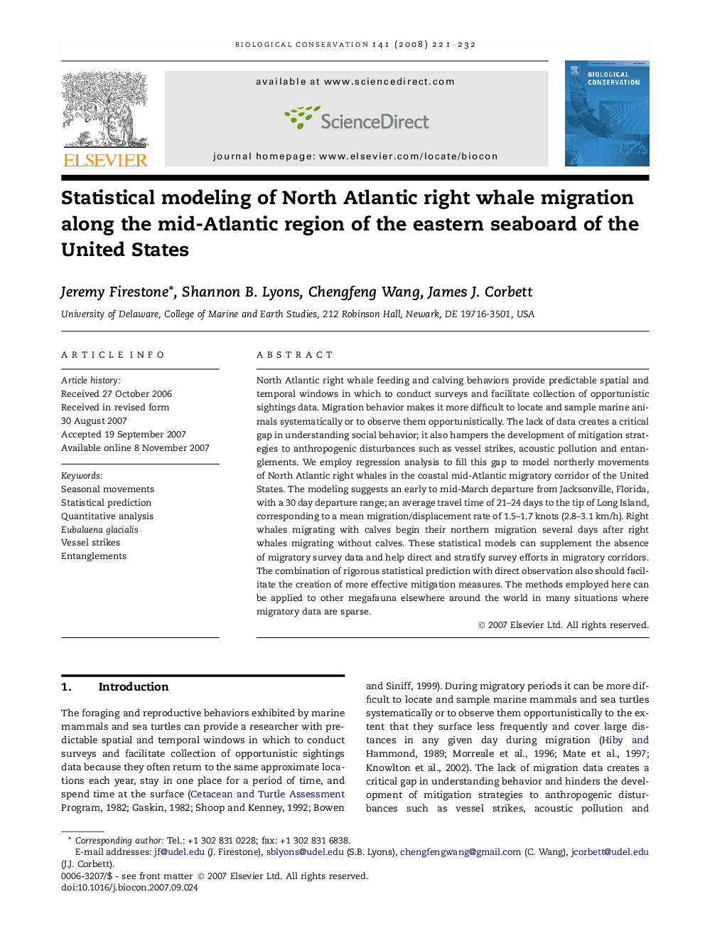 Statistical modeling of North Atlantic right whale migration along the mid-Atlantic region of the eastern seaboard of the United States