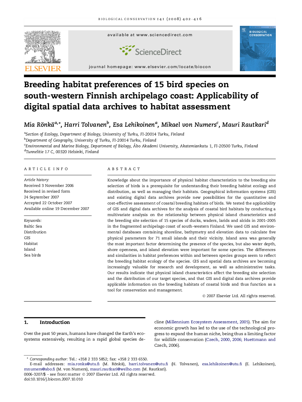 Breeding habitat preferences of 15 bird species on south-western Finnish archipelago coast: Applicability of digital spatial data archives to habitat assessment