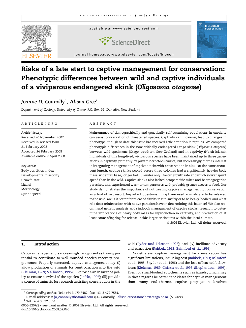 Risks of a late start to captive management for conservation: Phenotypic differences between wild and captive individuals of a viviparous endangered skink (Oligosoma otagense)