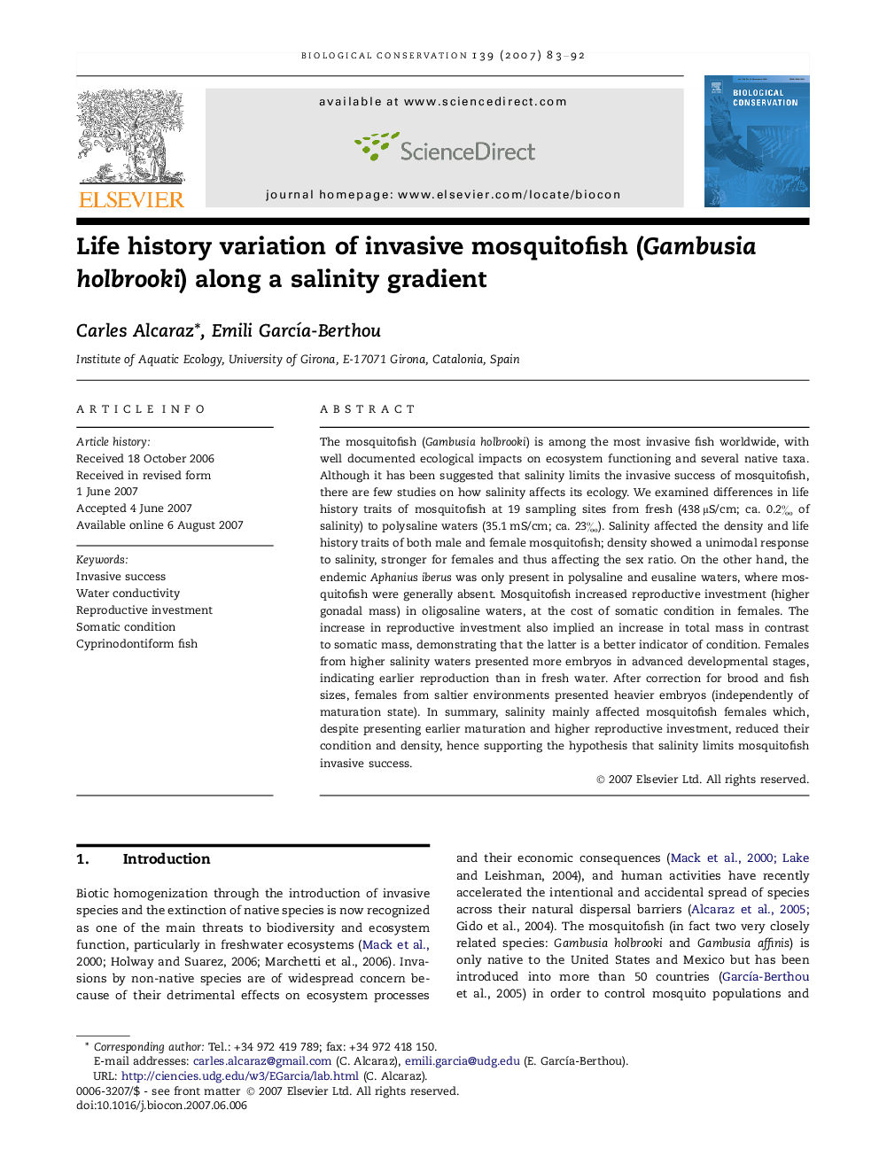 Life history variation of invasive mosquitofish (Gambusia holbrooki) along a salinity gradient