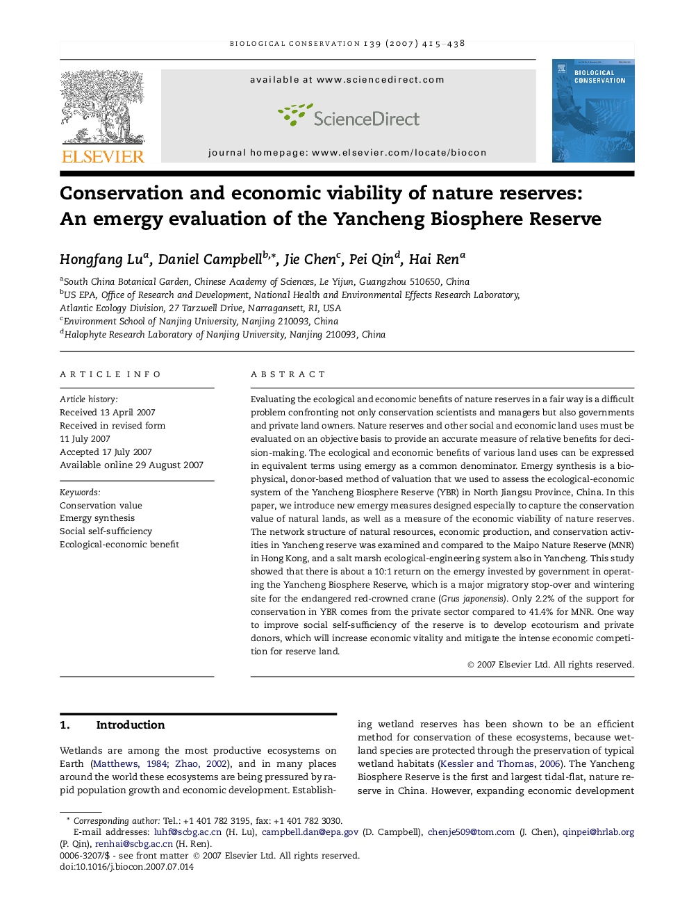 Conservation and economic viability of nature reserves: An emergy evaluation of the Yancheng Biosphere Reserve