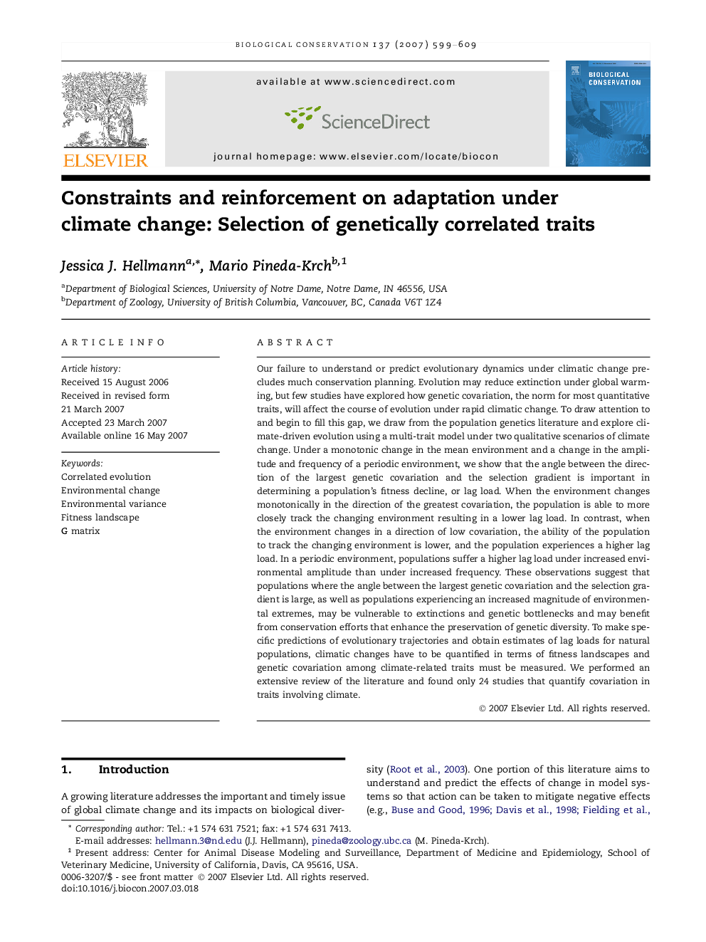 Constraints and reinforcement on adaptation under climate change: Selection of genetically correlated traits