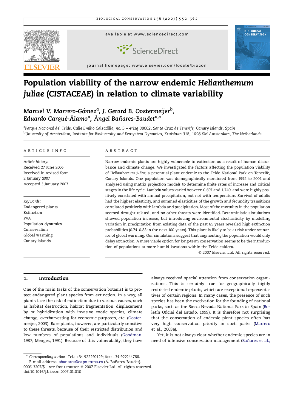 Population viability of the narrow endemic Helianthemum juliae (CISTACEAE) in relation to climate variability