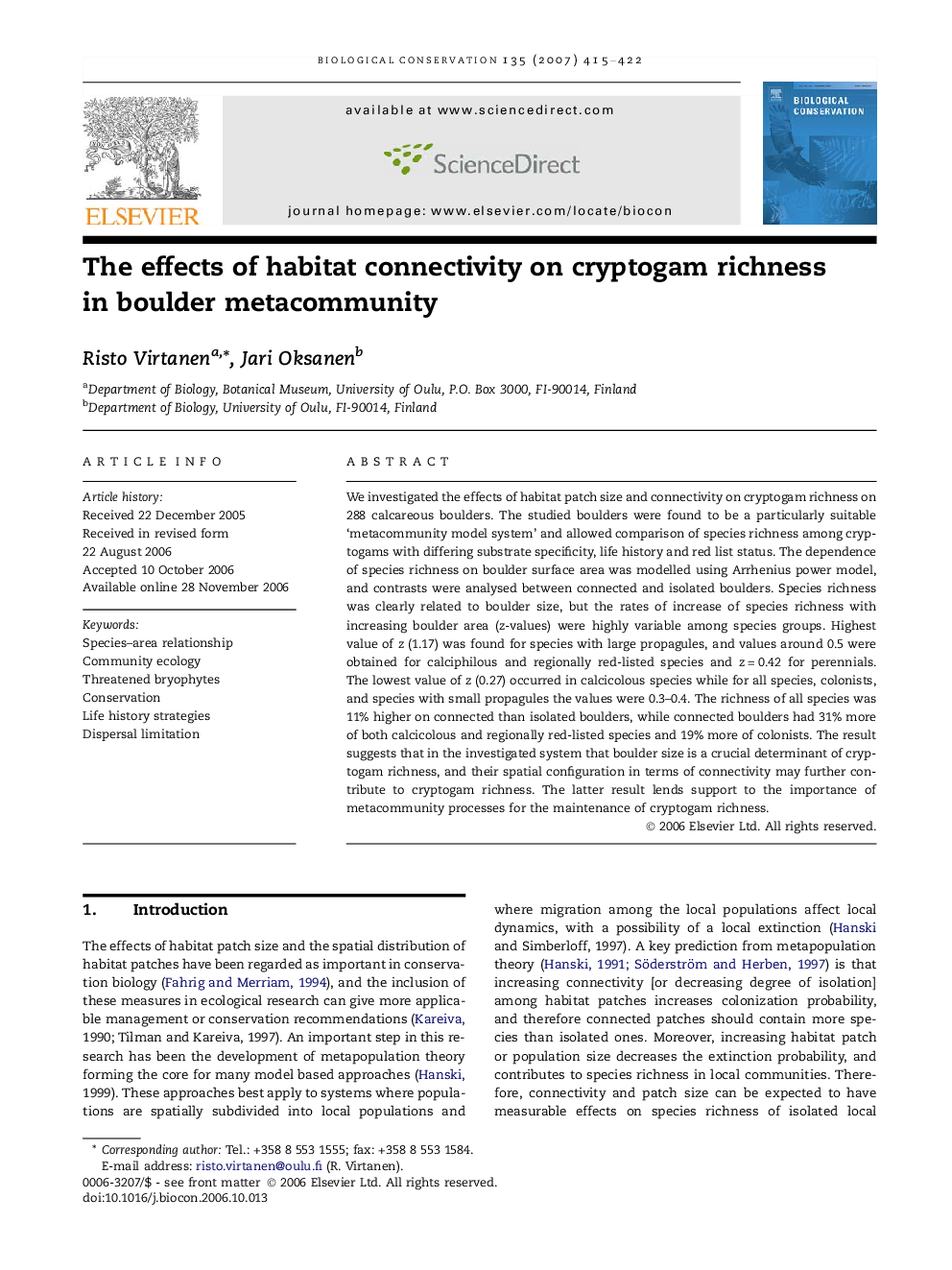 The effects of habitat connectivity on cryptogam richness in boulder metacommunity