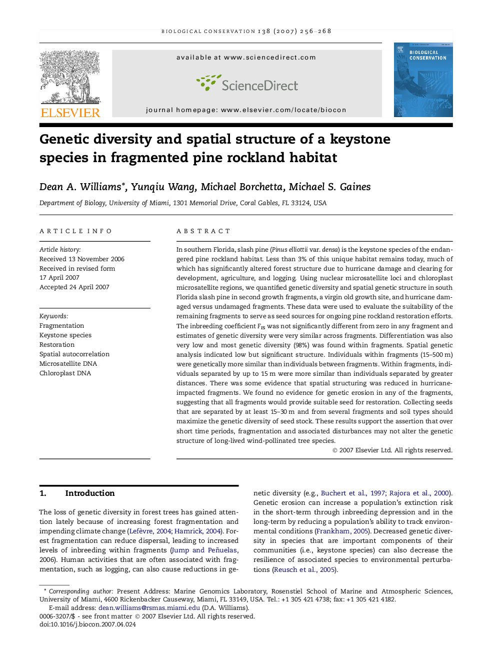 Genetic diversity and spatial structure of a keystone species in fragmented pine rockland habitat