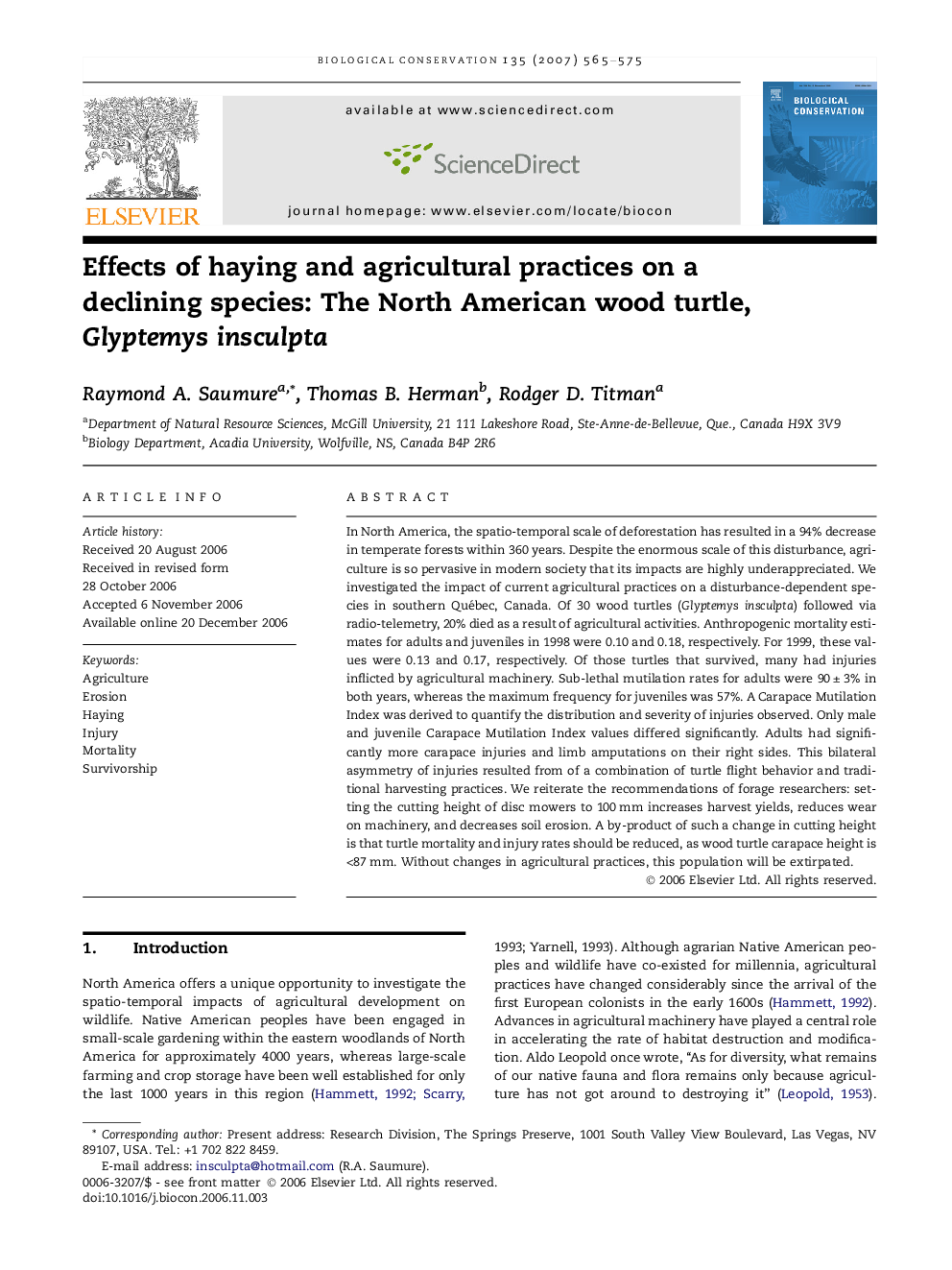 Effects of haying and agricultural practices on a declining species: The North American wood turtle, Glyptemys insculpta