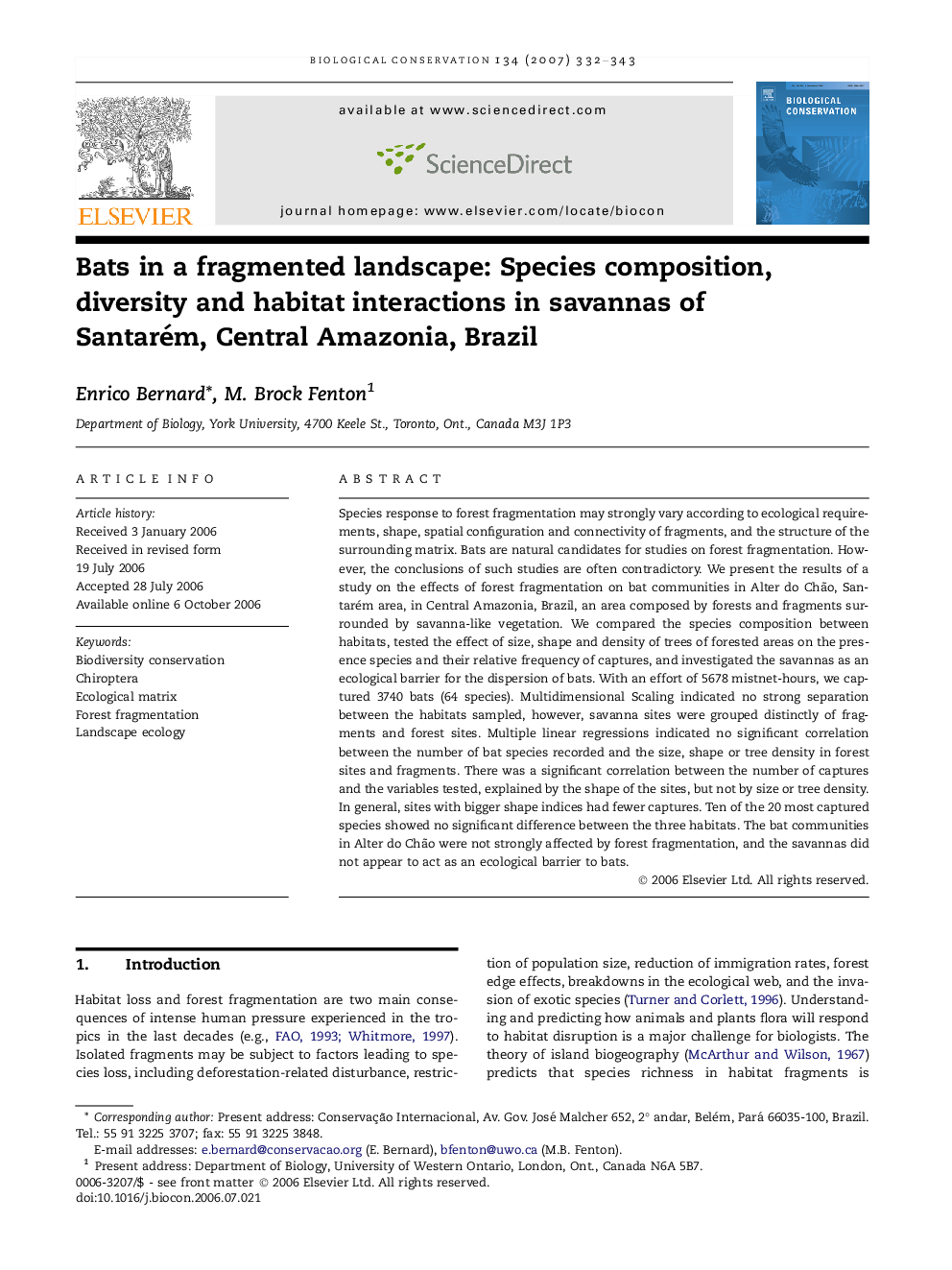 Bats in a fragmented landscape: Species composition, diversity and habitat interactions in savannas of Santarém, Central Amazonia, Brazil