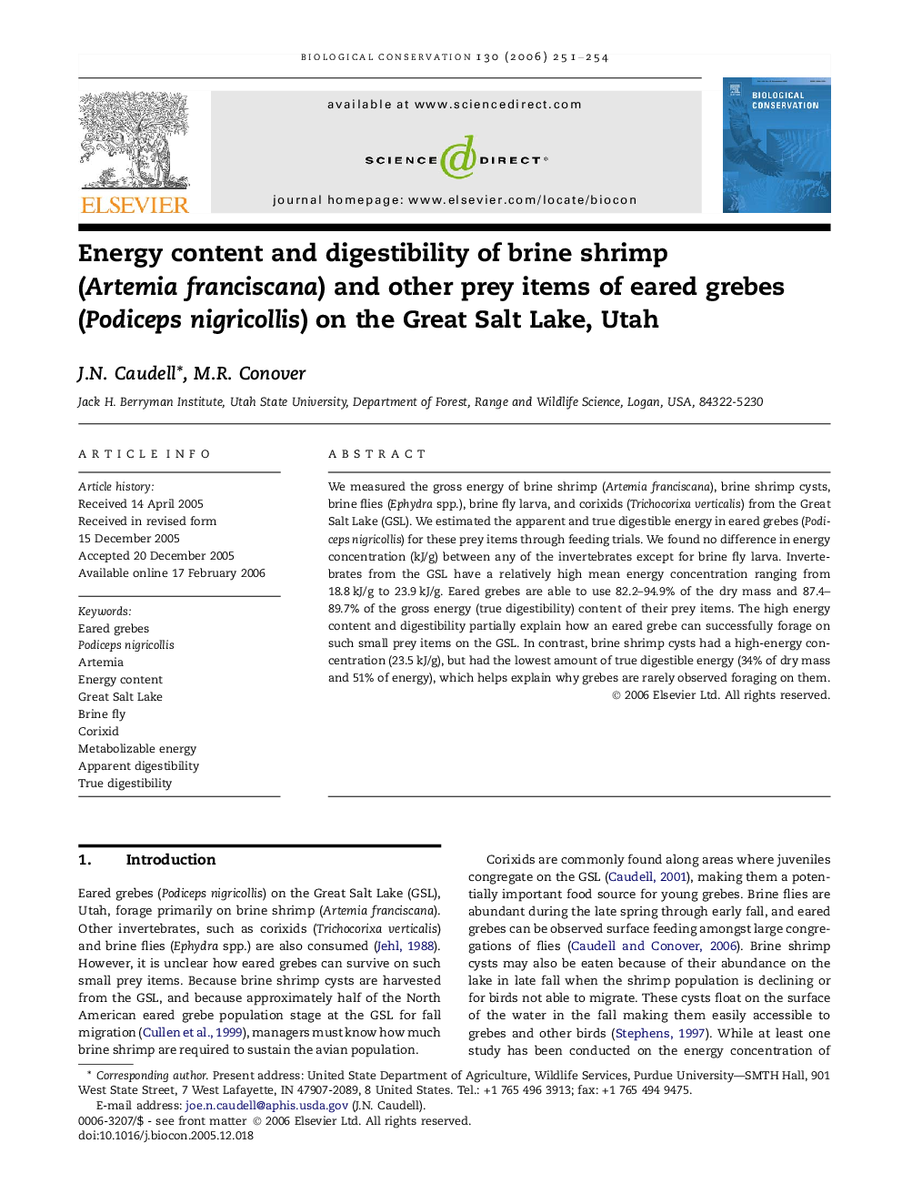 Energy content and digestibility of brine shrimp (Artemia franciscana) and other prey items of eared grebes (Podiceps nigricollis) on the Great Salt Lake, Utah