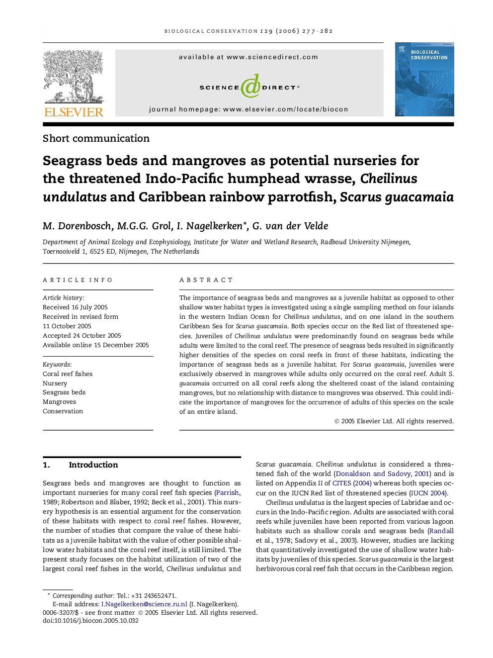 Seagrass beds and mangroves as potential nurseries for the threatened Indo-Pacific humphead wrasse, Cheilinus undulatus and Caribbean rainbow parrotfish, Scarus guacamaia