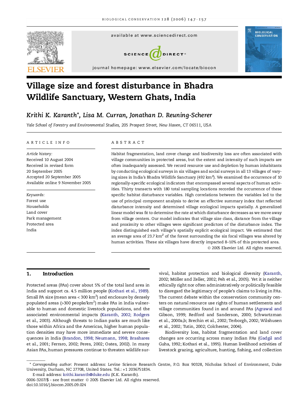 Village size and forest disturbance in Bhadra Wildlife Sanctuary, Western Ghats, India